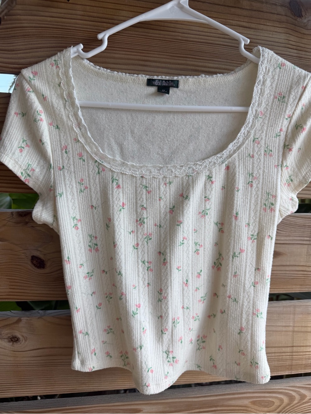 wild fable Cream Ribbed Scoop Neck Tee with Pink Floral Print